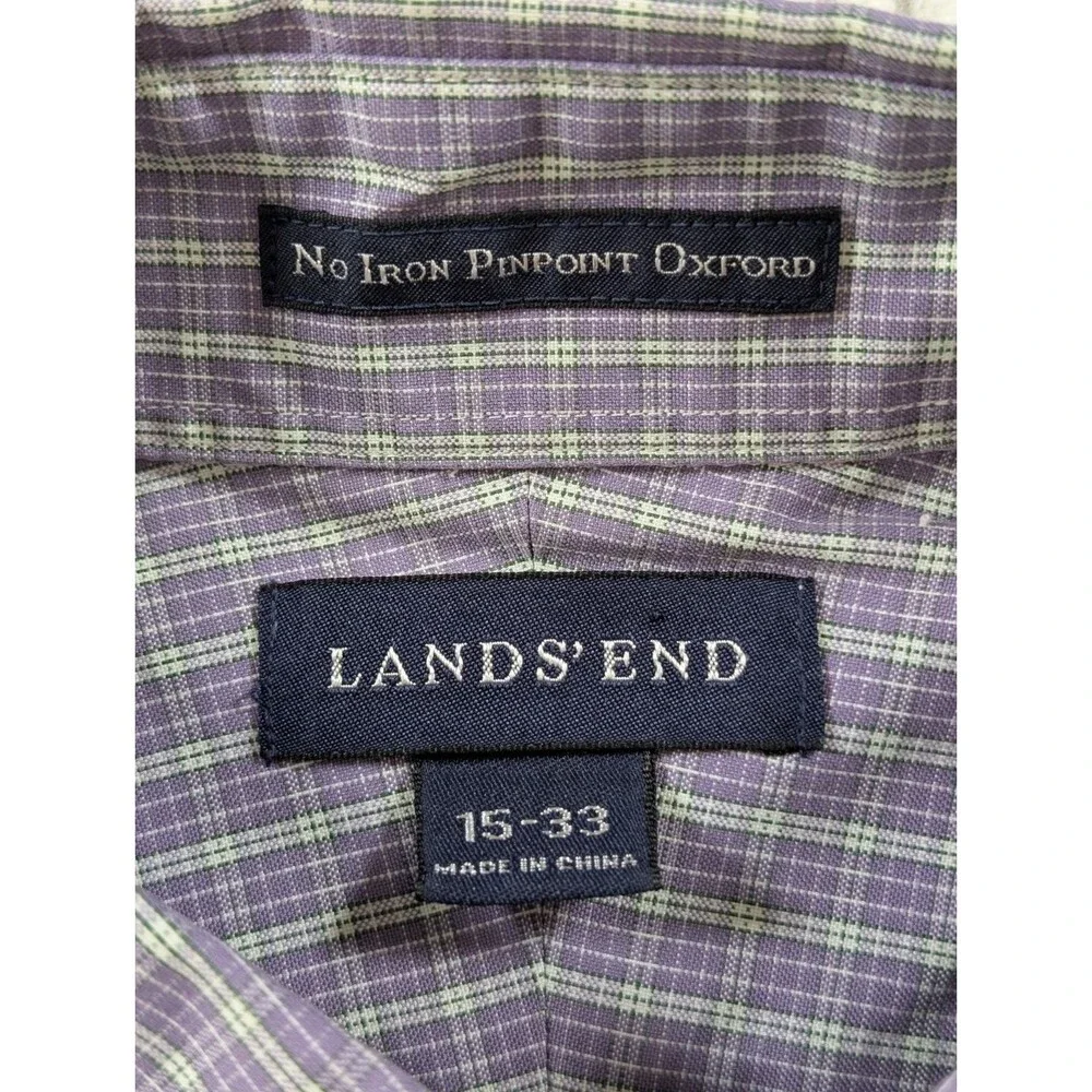 Lands' End Shirt Mens 15-33 M Purple Plaid No Iron Oxford Button Down Preppy - Picture 6 of 8